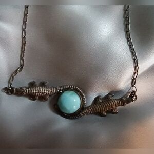 Rare Vtg Cuban Larimar Cabochon & Sterling Silver Handmade 2x Alligator Necklace